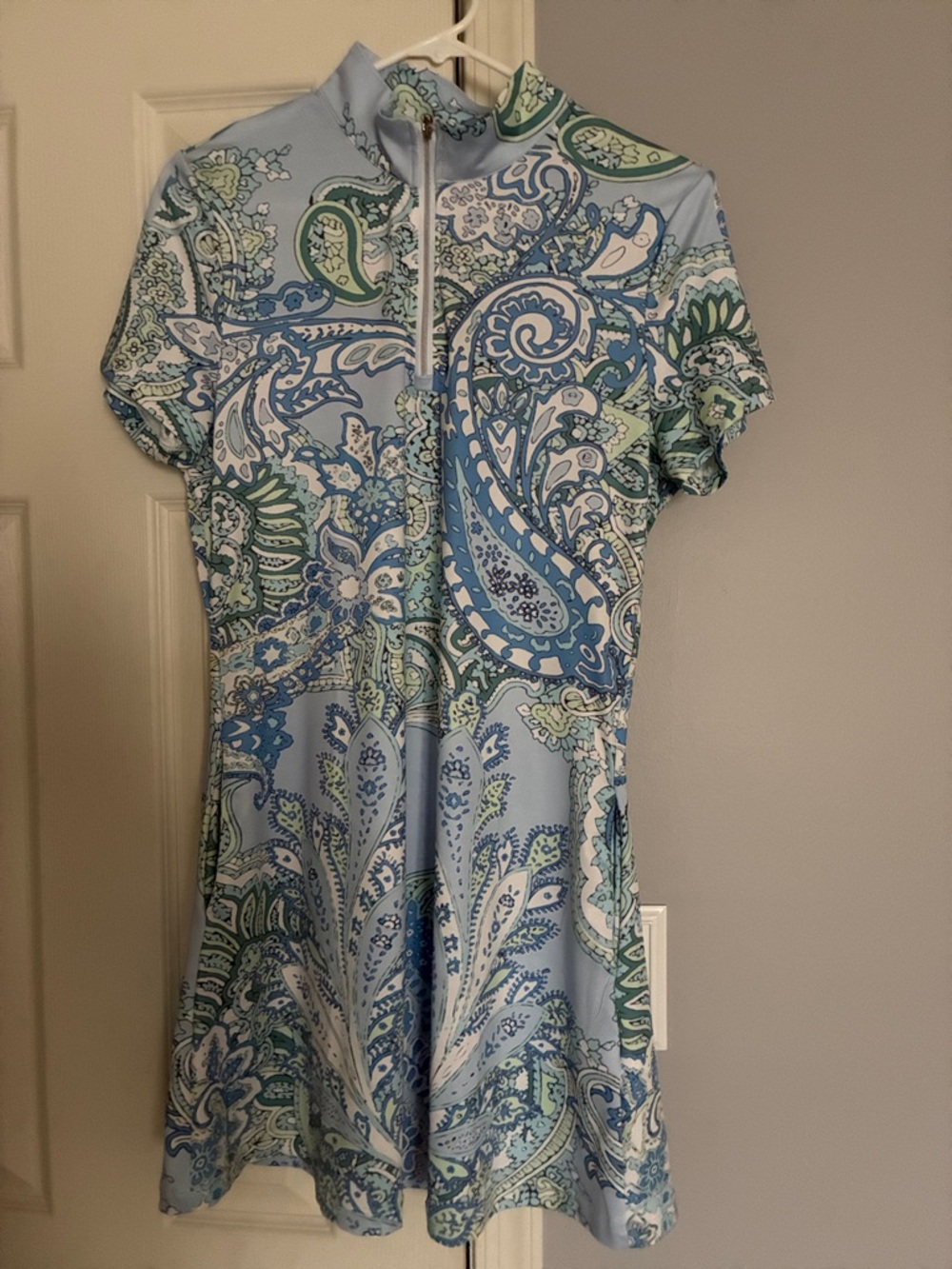 Light Blue Paisley Zip-Front Mini Dress
